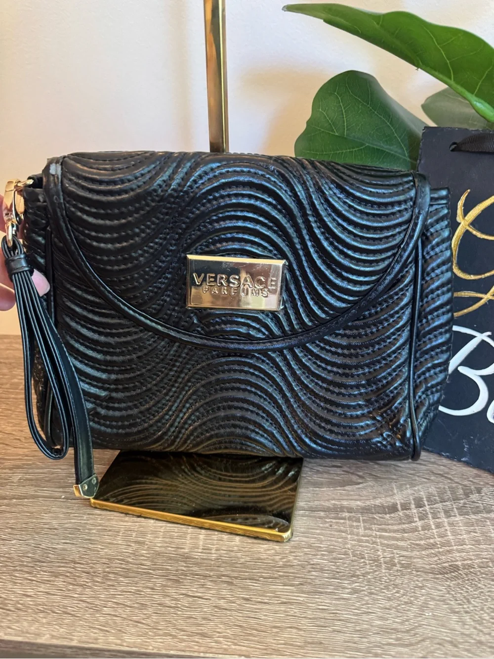 Versace Black Quilted Wave Wristlet with Gold Plaque